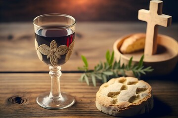 Wallpaper Illustration and background of glass of wine, and bread. Front view. Concept of Holy Supper. Generative AI.