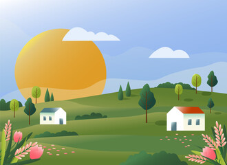 Landscape with rural houses in a flower field. Country life illustration. Blue sky and sun, trees and flowers. Vector drawing in a flat style with gradients. Illustrations for banners, backgrounds