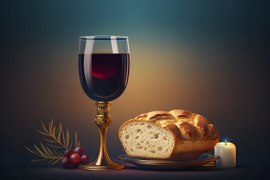 Wallpaper Illustration and background of glass of wine, and bread. Front view. Concept of Holy Supper. Generative AI.