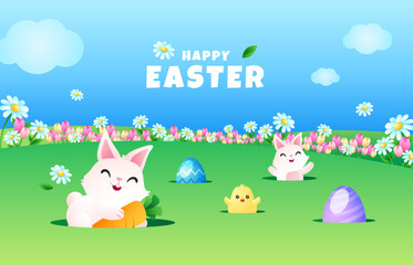 Happy Easter day background. Spring flower background with holes on field filled with egg, rabbits and chick.