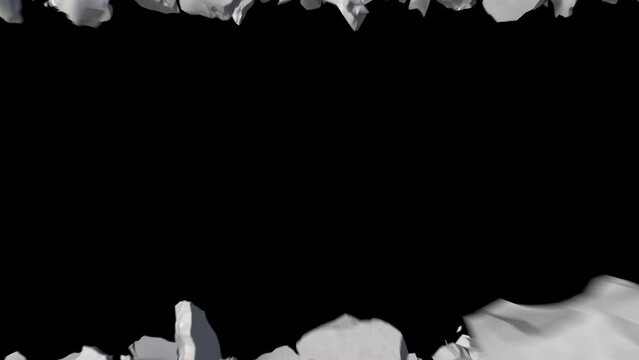 ground destructions falling through the camera.4k animation render with alpha channel.