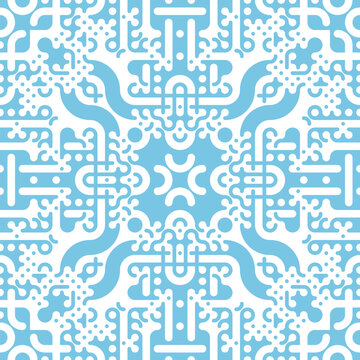 Seamless pattern of Truchet tiling. Repeating geometric shapes in light blue and white. Creative coding computational design.
