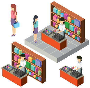Isometric people in grocery shop set