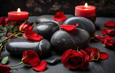 Massage Stones, red Flowers, and Candles. Peaceful Spa scene.  generative AI