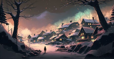 night scenery of snow village with colorful atmosphere, digital art style, illustration painting, Generative AI