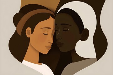 Wallpaper Illustration and background of black and white person together, two multiracial people together. Side view. Concept of anti-racism, racial tolerance, love, unity, equality. Generative AI.