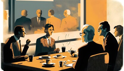 Wallpaper Illustration and background of a business meeting. Front View. Concept of business, corporate, office. Generative AI.