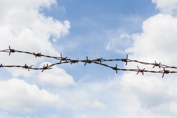 Barbed wire. Barbed wire on fence with blue sky.metal chain with spike for the fence for the safety and security purpose