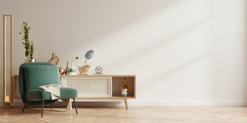 White color wall mock up in warm tones with green armchair and decoration minimal.