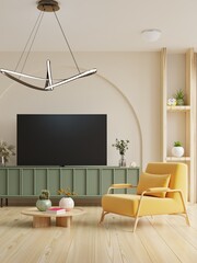 Mockup TV room interior with yellow armchair on empty cream color wall background.