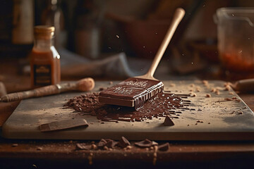 Close-up of a rustic chocolate block