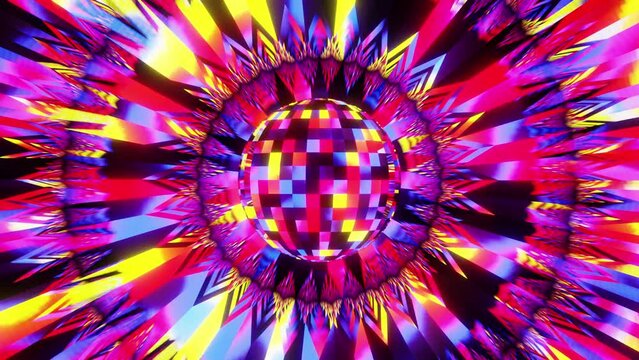 Green disco ball pulsing to the rhythm of dance music background 3d render. Vj and Dj loop for bar, night club, music festival, rave. Shining and flashing pattern
