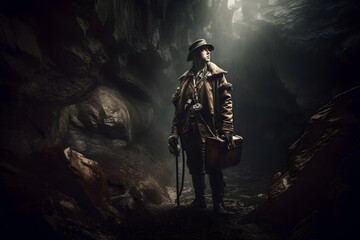 Fototapeta na wymiar an explorer venturing into a dark and eerie environment filled with precious diamonds. The atmosphere is ominous and mysterious, with a sense of danger lurking in the shadows