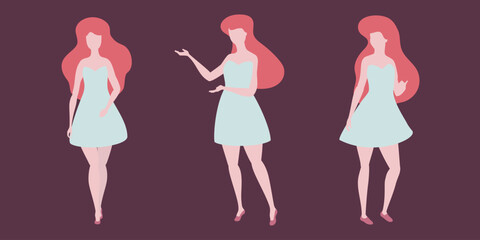 Casual business woman in dress character in different poses set vector illustration