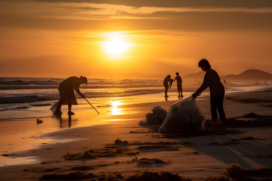 work of people collecting plastic bags and other garbage with recycling on the beach and Earth Day concept.  - Powered by Adobe
