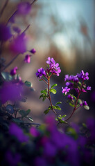 Fototapeta na wymiar group of purple flowers sitting on top of a lush green field. generative ai.