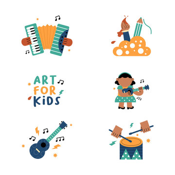 Collection of cute stickers and cute icons about art for kids