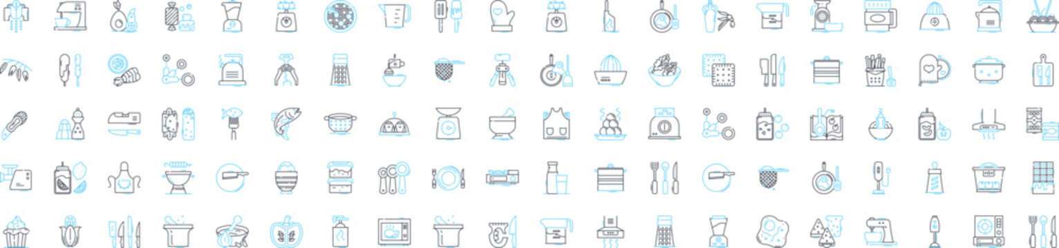 Cooking and kitchen vector line icons set. Cooking, Kitchen, Food, Baking, Utensils, Recipes, Stove illustration outline concept symbols and signs