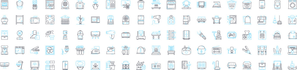 Home electronics vector line icons set. Fridge, TV, Stove, Washer, Dryer, Blender, Toaster illustration outline concept symbols and signs