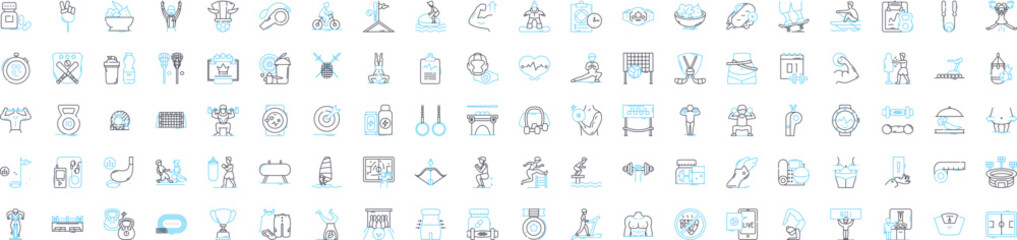 Fitness gym vector line icons set. Fitness, Gym, Exercise, Workout, Training, Strength, Bodybuilding illustration outline concept symbols and signs