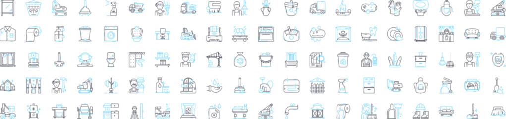 Household equipment vector line icons set. Furniture, Appliances, Utensils, Dishes, Cutlery, Vacuum, Blender illustration outline concept symbols and signs