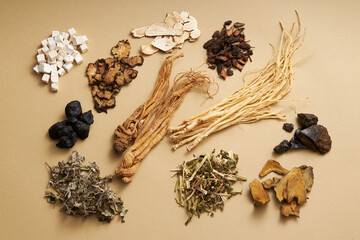 Top view of ancient Chinese herbs on light brown background. Advertising scene for health care...