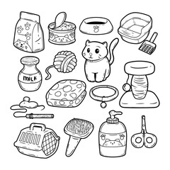 Cat care hand-drawn vector outline sketch illustration