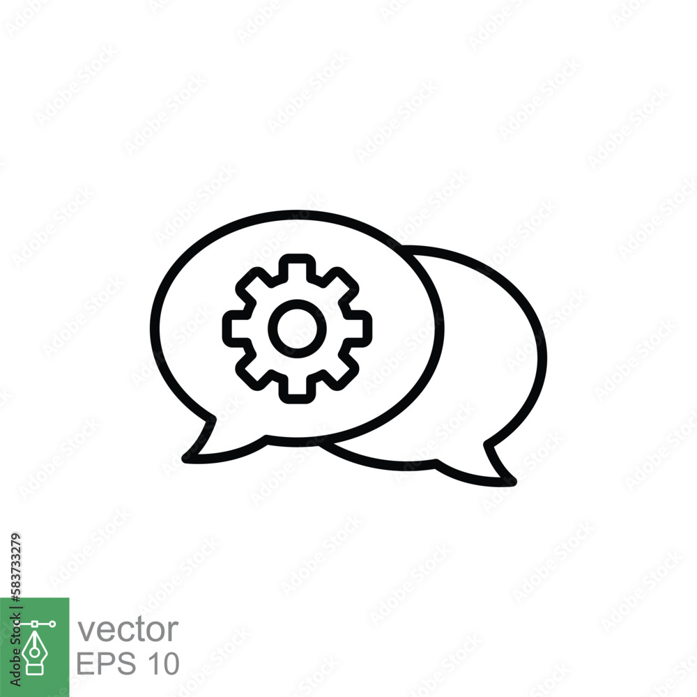 Poster settings chat icon. simple outline style. speech bubble with gear configuration. thin line symbol. d