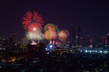fireworks over the city. Plow celebrates New Year, Bangkok, Thailand