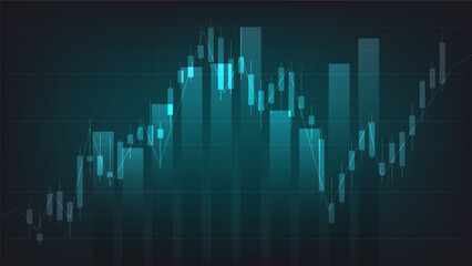 Financial business statistics with bar graph and candlestick chart show stock market price on dark green background