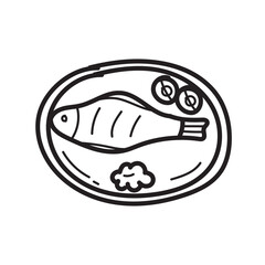 Doodle fish on plate icon outline vector