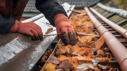 Man cleaning leaves in a gutter in a house, Generative Ai