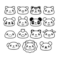 Set of animals face hand-drawn vector outline sketch collection