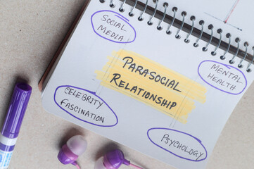 Parasocial relationship and related keywords handwritten on notepad for explanation. One-sided...