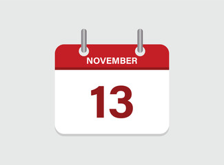 Obraz na płótnie Canvas 13th November calendar icon. Calendar template for the days of December. vector illustrator.