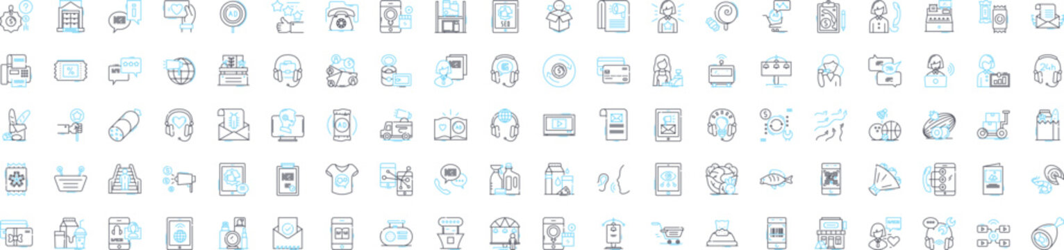 Sell vector line icons set. Sell, Market, Trade, Transact, Promote, Exchange, Retail illustration outline concept symbols and signs