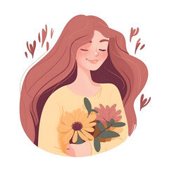 Icon Illustration of Woman Embracing Flowers in Flat Cartoon Style with Long Hair: A Vibrant and Expressive Design