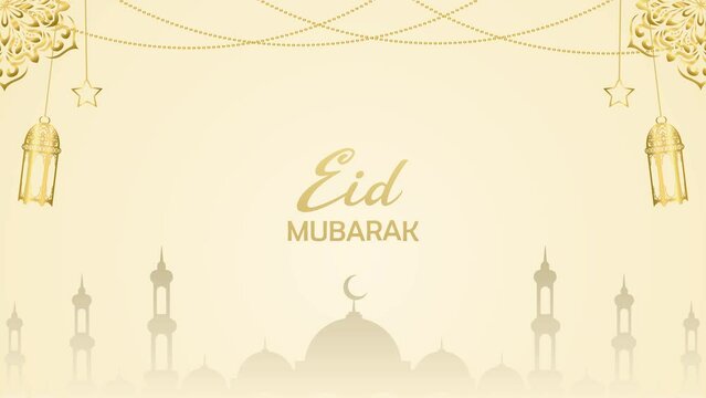 Eid Mubarak animation text in. Great for video introduction 4K Footage and use as a card for the celebration of Eid Alfitr and Adha in Muslim community.