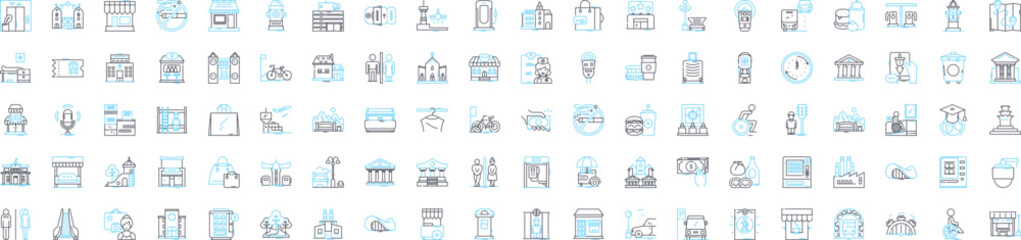 Modern urban city vector line icons set. Urban, Modern, City, Skyscrapers, Metropolis, Subway, Crowds illustration outline concept symbols and signs
