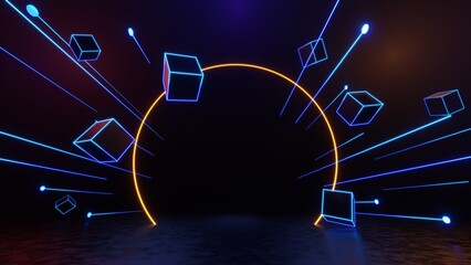 3d technology abstract neon light background, empty space scene, spotlight, dark night, virtual reality, cyber futuristic sci-fi background, street floor studio for mock up. colored geometric.