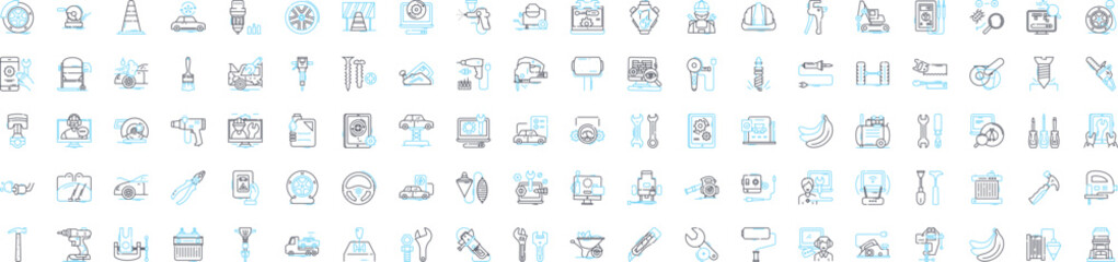 Maintenance vector line icons set. Repairs, Upkeep, Service, Adjustment, Restoration, Overhaul, Checkup illustration outline concept symbols and signs