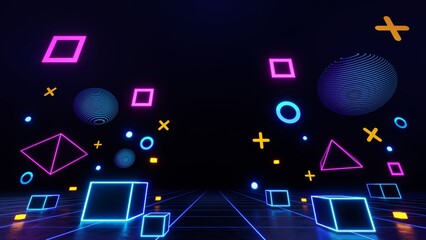 3d technology abstract neon light background, empty space scene, spotlight, dark night, virtual reality, cyber futuristic sci-fi background, street floor studio for mock up. colored geometric. © TANATPON
