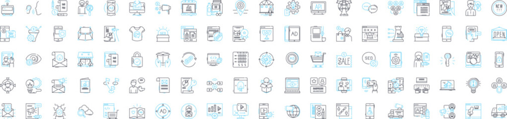 Advertising campaign vector line icons set. Ads, Campaign, Advertising, Promotion, Strategize, Design, Media illustration outline concept symbols and signs