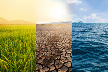 Agriculture fields and Dry lake and Ocean at north pole metaphor temperature increase and Climate...