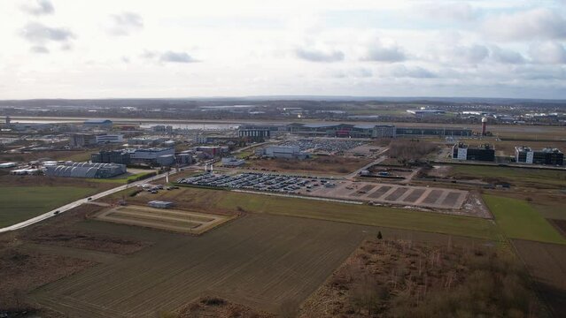 Panoramic View Of Fields Near The Gdansk Lech Walesa Airport In Poland. - aerial panning