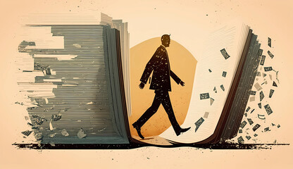 silhouette of man walking between pages of a book. generative ai