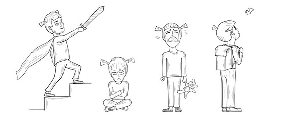 Vector set of a little girl in different postures with various emotions