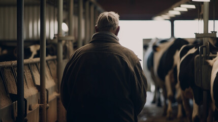 Naklejka na ściany i meble Man in Farm Milking Cows, generative ai