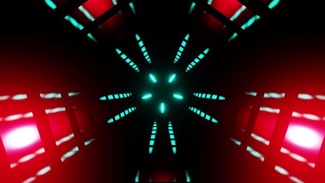 Abstract disco animation turquoise and red neon background for dance music 3d render. Vj and Dj loop for bar, night club, music festival, rave. Shining and flashing pattern