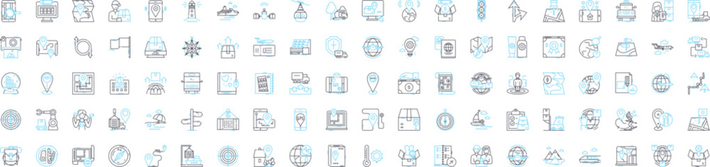 Global transportation vector line icons set. Logistics, Fleet, Shipping, Cargo, Movement, Mobility, Distribution illustration outline concept symbols and signs